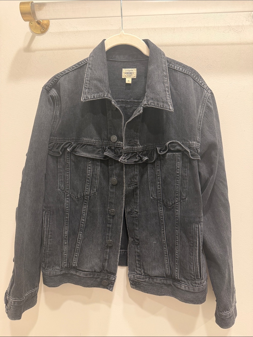 Citizens of Humanity Off Black Ruffle-Trim Denim Jacket